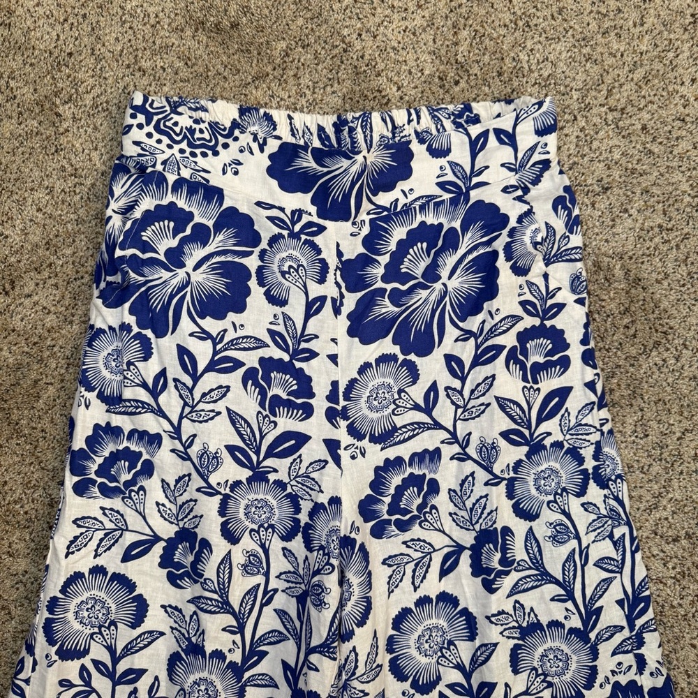 Rachel Zoe Linen Blend Wide Leg Flowy Floral Pants Blue & White Size S Beach - Picture 7 of 13